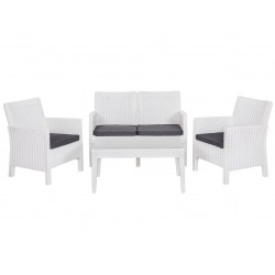 Set ÁTICO, 2 Sillones + Sofá 2 plazas + mesa, polipropileno blanco, cojines incluidos